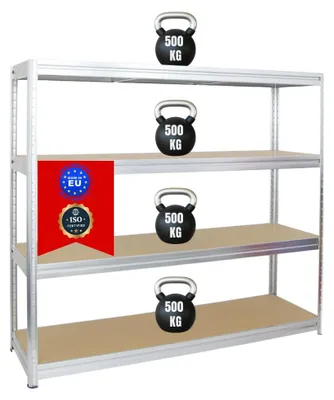 Produktbild von Schwerlastregal DINO | HxBxT 180x200x60cm | 4 MDF-Platten-Ebenen 6,5 mm | Fachlast 500kg | Verzinkt
