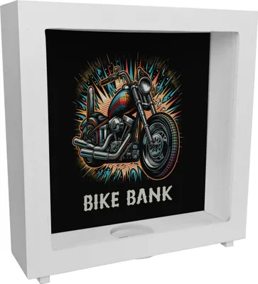 Produktbild von Chopper-Motorrad Rahmen Spardose aus Holz mit Spruch Bike Bank