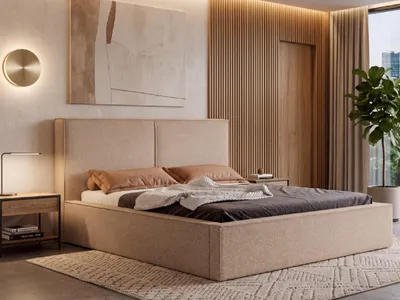 Produktbild von Polsterbett MADERO 180x200 cm mit Bettkasten, Stauraum und Metall-Lattenrost – Bouclé Stoff Beige