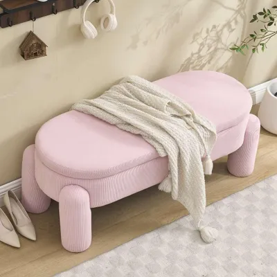 Immagine prodotto di Panca AIORBER con vano portaoggetti da 112 cm, panca imbottita in velluto a coste con struttura in legno massello, panca contenitore per camera da letto, corridoio, soggiorno e ingresso, rosa