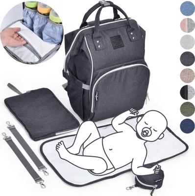 Produktbild von Daliya® PAKMI Wickelrucksack mit Schnullertasche & Wickelunterlage & Wickelunterlagentasche & Schlüsselanhänger - Wickeltasche Mamabag Tasche Rucksack mit viel Stauraum  - Schwarzgrau