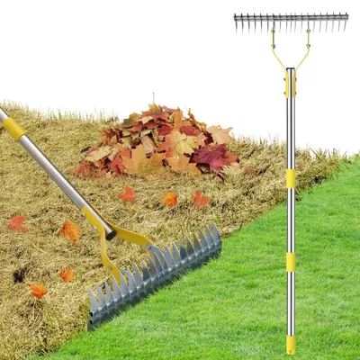 Image de Strohark, râteau pour gazon avec manche réglable de 150 cm, grattoir multifonction pour gazon