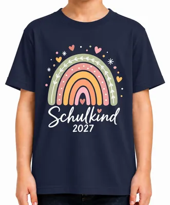 Productafbeelding van T-shirt voor schoolgaand kind, model 2027, voor meisjes, met regenboog- en boho-motief, voor de eerste schooldag, marineblauw, maat 104