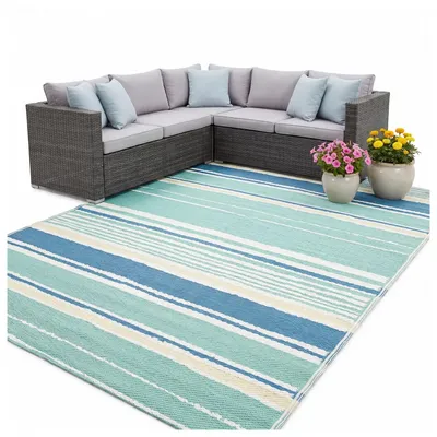 Produktbild von Outdoor Teppich 120x170 cm - Schnell Trocknend - Wetterfest - Zum Garten Balkon Terrasse - Streifenmuster Blau
