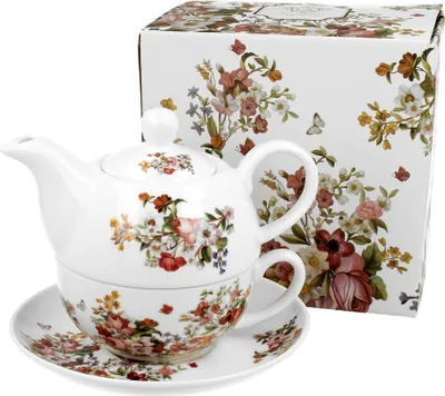 Produktbild von DUO FLORAL Tasse mit Teekanne VINTAGE FLOWERS WHITE New Bone China Porzellan