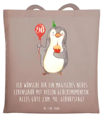 Produktbild von Mr. & Mrs. Panda Tote Bag 90. Geburtstag Pinguin Luftballon - Braun Pastell - Geschenk, Geburtstage, Tasche, Tragetasche, Geburtstagsgeschenk, Jutebeutel, Stoffbeutel