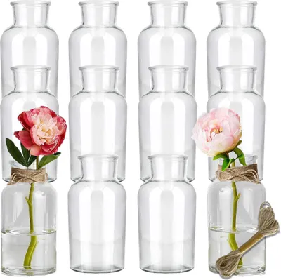 Produktbild von 12x Mini runde Glasvasen 10cm Deko Blumen Vase Flasche Hochzeit Taufe klein Väschen Set Tischdeko inkl. Juteschnur