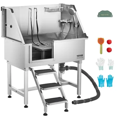 Immagine prodotto di VEVOR stazione di lavaggio per cani in acciaio inox, 961x620x1220 mm, vasca per la toelettatura di animali domestici con ripiano, rubinetto, soffione e portasapone, bagno per cani per animali di taglia grande, media e piccola (porta sinistra)