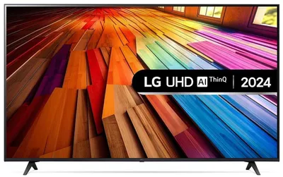 A television screen displaying a colorful abstract pattern, with a marketing overlay.