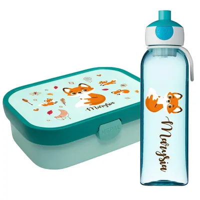 Produktbild von Lunchbox Set für Kinder Mädchen zur Schule Personalisiert mit Namen Brotdose Wasserflasche Trinkflasche BPA frei Essen für Unterwegs mit Gabel und Bento Fach To Go Fox Clouds [153]