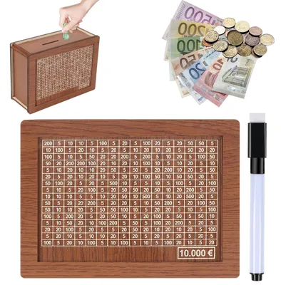 Produktbild von Spardose aus Holz, hellbraun, mit Countdown-Zahlen, abwischbarem Zähler, wiederverwendbare Spardose für 10.000 Euro für Erwachsene und Kinder