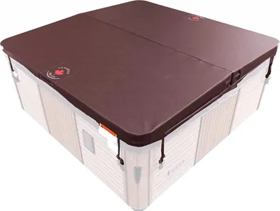 A brown insulated cover for a hot tub, shown from a diagonal top-down view.