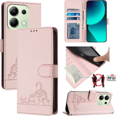 Produktbild von Leder Hülle für Xiaomi Redmi Note 13 4G Süße Katze Flip Case Brieftasche Schutzhülle mit Standfunktion Pink