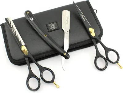 Produktbild von Professionelles 15-cm-Friseurscheren-Set – Rasiermesser, Schwarz  (3-teiliges Set: 1x Schneideschere, 1x Effilierschere, Rasiermesserschere, Lederetui