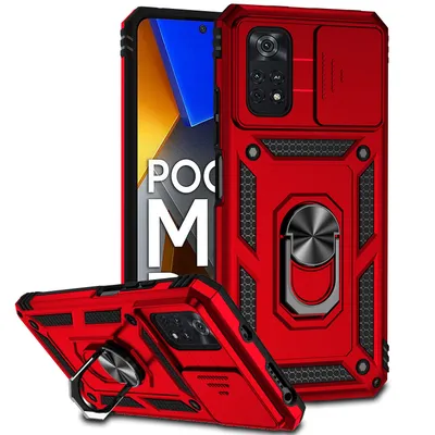 Immagine prodotto di Custodia per Xiaomi Poco M4 Pro 4G a doppio strato con copertura scorrevole della fotocamera e supporto ad anello rosso