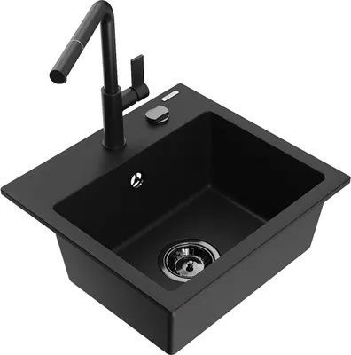 Produktbild von Mexen Milo 1-Becken-Granitspüle mit Mischbatterie Flora, Schwarz - 6505-77-670401-70-B