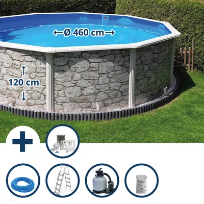 Produktbild von Stahlwandpool Set (6-teilig) hoch rund 460 x 120 cm, Stahl 0,45 mm Steinoptik Folie 0,3 mm blau