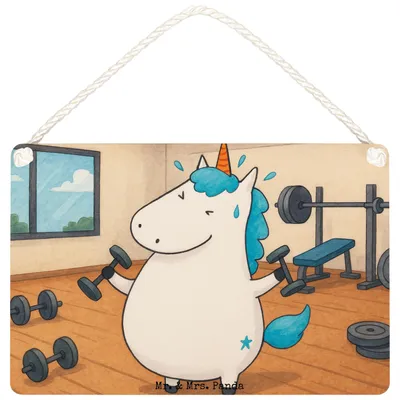 Produktbild von Mr. & Mrs. Panda Schild Einhorn Fitness Design DIN A4 - Weiß - Geschenk, Holzschild, Einhörner, Fitnessstudio, Sport, holzbild, Gym, wandtafel, Türschild, Unicorn, Deko