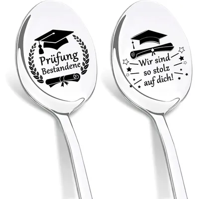 Obrázok produktu pre Sada dvoch lyžičiek z nehrdzavejúcej oceli s gravírovaním "Úspešné zvládnutie skúšky", dĺžka 19 cm