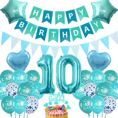 Immagine prodotto di Set di palloncini per il 10° compleanno, colore blu, con striscione "Buon Compleanno" e palloncino a forma di numero 10