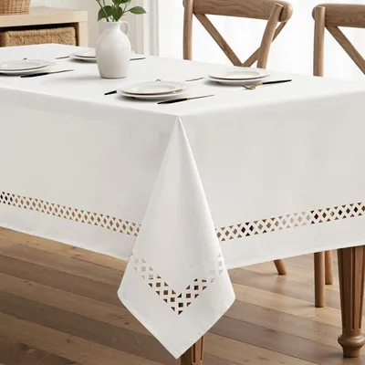 Produktbild von Tischdecke Leinenoptik Weiß Polyester Rechteckig Hohlsaum 140x180cm