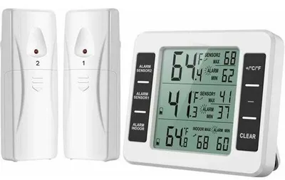 Image de Thermomètre électrique, thermomètre sans fil pour appareils de réfrigération avec 2 capteurs, alarme sonore, affiche les températures minimale et maximale.