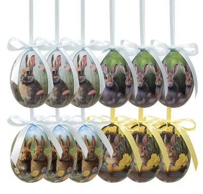 Imagen del producto de Clayre & Eef. Set de 12 colgadores de Pascua con forma de huevo. Diámetro: 4 x 5 cm. Fabricados en plástico