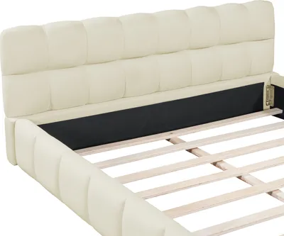 Immagine prodotto di CDGlobal Letto imbottito 140 x 200 cm, letto per ragazzi, letto matrimoniale con schienale morbido, letto piano con bordo imbottito, rete a doghe in lino beige