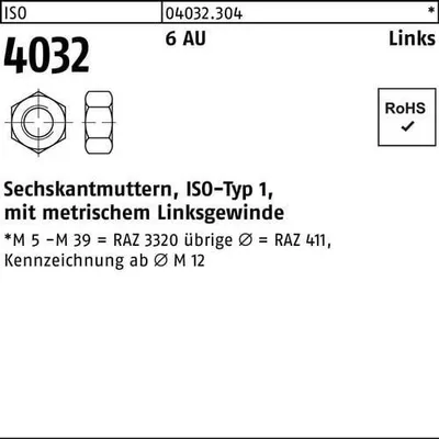 Produktbild von Sechskantmutter ISO 4032 links M 4 6 Automatenstahl