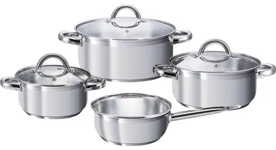 Produktbild von SSW Kochtopfset 7-teilig, Töpfe Pfannen Kasserolle Induktion, Thermo-Sandwichboden, Edelstahl seidenmatt, spülmaschinengeeignet, 1,7L 3,1L 5L, ø 160 200 240 mm