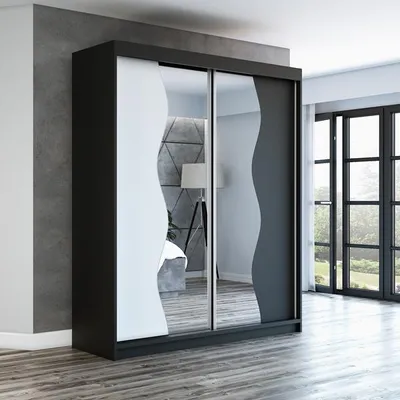 Produktbild von Schwebetürenschrank, 2-türig Schrank mit Spiegel! Moderne Garderobe für Kleidung. Verschiedene Farben (Weiß, Schwarz, Somona) Kleiderschrank RIMA 180 cm