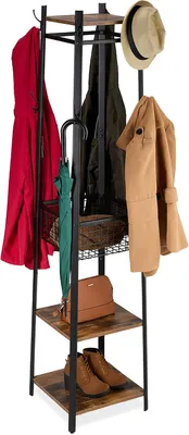 Productafbeelding van Staande kapstok met 3 planken - 8 haken - Mand - Zwart-bruin - 181x43x43 cm