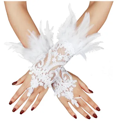 Produktbild von Damen Gothic Feder Spitzen Handschuhe Armstulpen Weiß 2 Stück