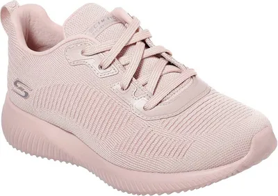 A close-up, studio shot of a pink Skechers Bobs Squad Tough Talk sneaker.