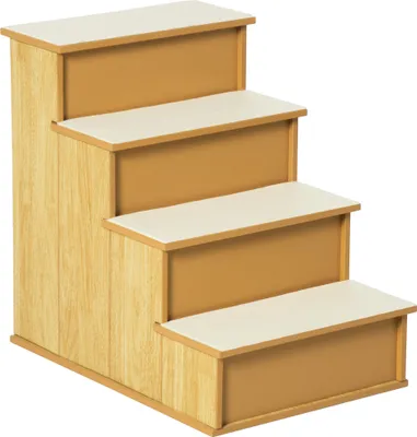 Zdjęcie produktu dla Antypoślizgowe schodki dla zwierząt, 4-stopniowe schodki dla psów i kotów, wykonane z płyty MDF i krótkiego pluszu, z naturalnego drewna | zdejmowane stopnie | do 30 kg | 40x59x54,2 cm