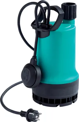 A teal and black submersible pump with a black power cord and plug, set against a white background.