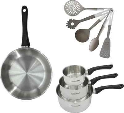 Image de Batterie de cuisine avec 3 casseroles 12/16/20 cm et 1 poêle 28 cm avec 5 ustensiles de cuisine Fackelmann Généva Vario