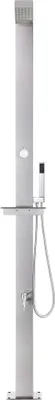 A stainless steel outdoor shower unit.