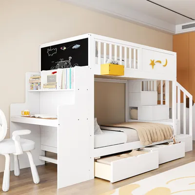 Produktbild von MODFU Etagenbett 90x200 mit Schubladen und Sicherheitstreppe,Kinderbett mit Stauraum und Schreibtisch,Doppelbett mit Zeichenbrett,mit zwei Matratze,Weiß