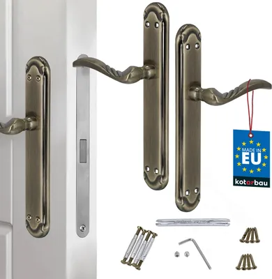 A set of door handles and related hardware, including screws and an Allen key, displayed against a white background.
