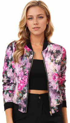 Produktbild von Allegra K Damen Frühling Sommer Bomberjacke Blumenmuster Reißverschluss Jacket F