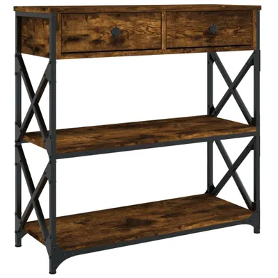 A console table with two drawers and two shelves, made of wood and metal.