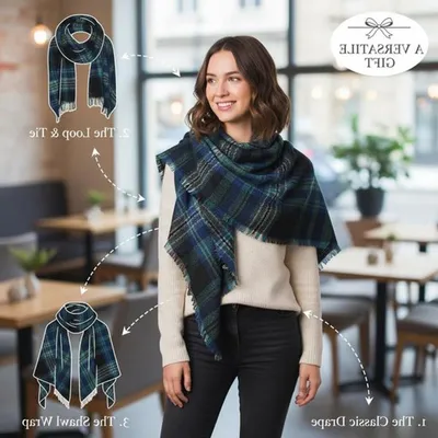 Stilvolle Tartan-Schal in Navy und Grün, Wollmix, 135-175 cm, Fransen, Ideal für den Winter