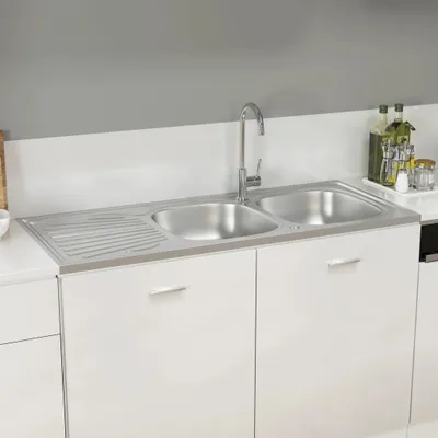 Obrázek produktu pro The Living Store Kuchyňský dřez s dvojitou mísou stříbrný 1200x600x155 mm nerezová ocel