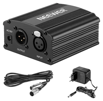 Produktbild von NEEWER 1 Kanal 48V Phantomspeisung mit Adapter, Bonus+XLR 3 Pin Mikrofonkabel für jedes Kondensatormikrofon Musikaufnahmegerät (8 Fuß)