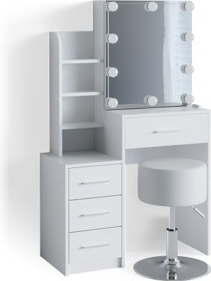 Vicco Toaletní stolek Conrada, 80 cm s LED osvětlením a taburetem, Bílá