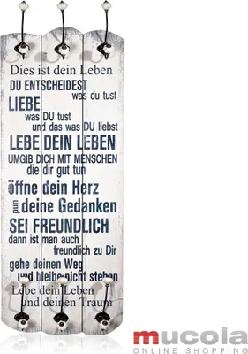 Produktbild von Mucola Wandgarderobe 100cm Garderobe mit 6 Kleiderhaken Shabby Chic Holz Garderobenpaneel - Spruch Lebe dein Leben