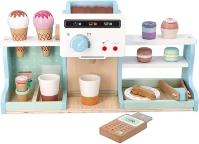 Produktbild von adam toys Eisdielen-Set für Kinder Eisdiele Kinder-Holzspielzeug - Kaufladen-Zubehör für Kinder ab 3 Jahr - 42x15x22 cm - itätserklärung - Holzspielzeug Café und Eisdiele –Spieltheke