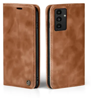 A brown leather flip case for a smartphone is shown from two angles.