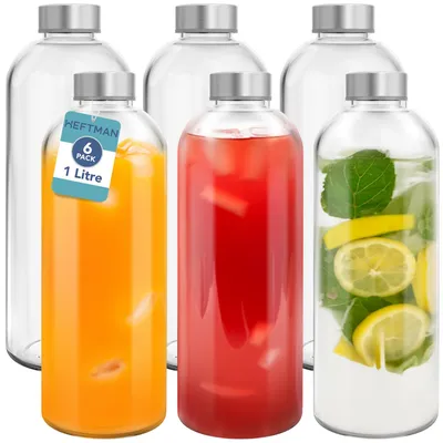 Productafbeelding van Glazen flessen met deksel - 6 stuks 1 liter flessen met roestvrijstalen deksels